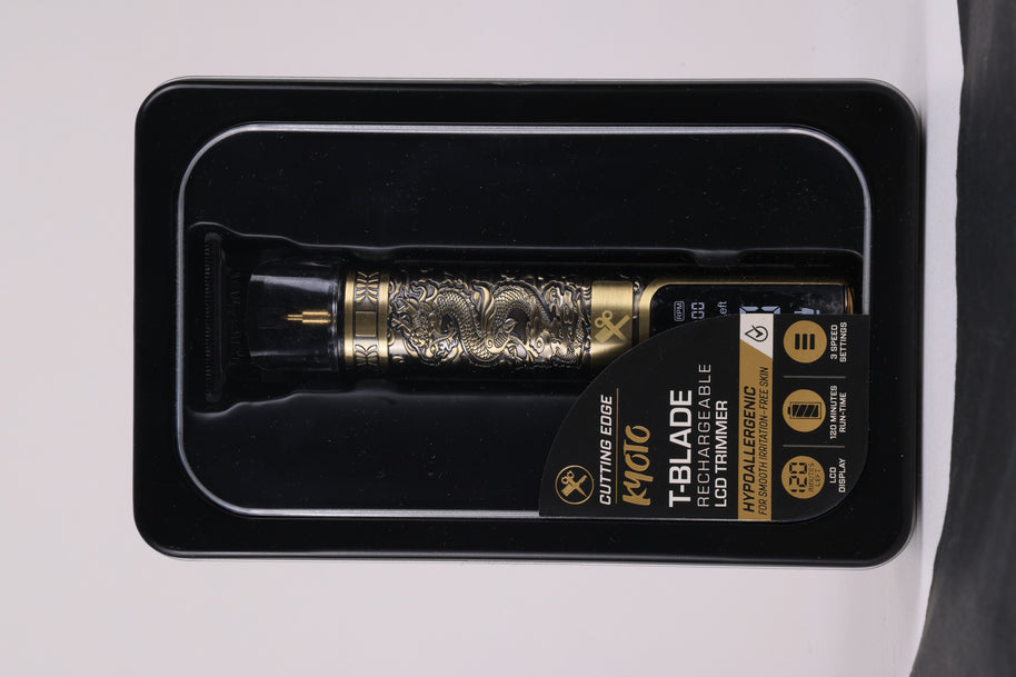 Kyoto Rechargeable LCD Trimmer – Professional Hair & Beard Detailer – 120 Minute Battery – Gold Dragon Embossed Metal Body