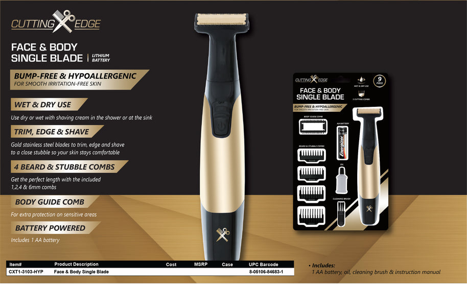 Face & Body Single Blade Trimmer – Wet/Dry Hybrid Shaver & Groomer with 5 Attachment Combs
