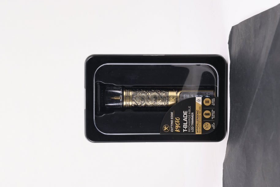 Kyoto Rechargeable LCD Trimmer – Professional Hair & Beard Detailer – 120 Minute Battery – Gold Dragon Embossed Metal Body