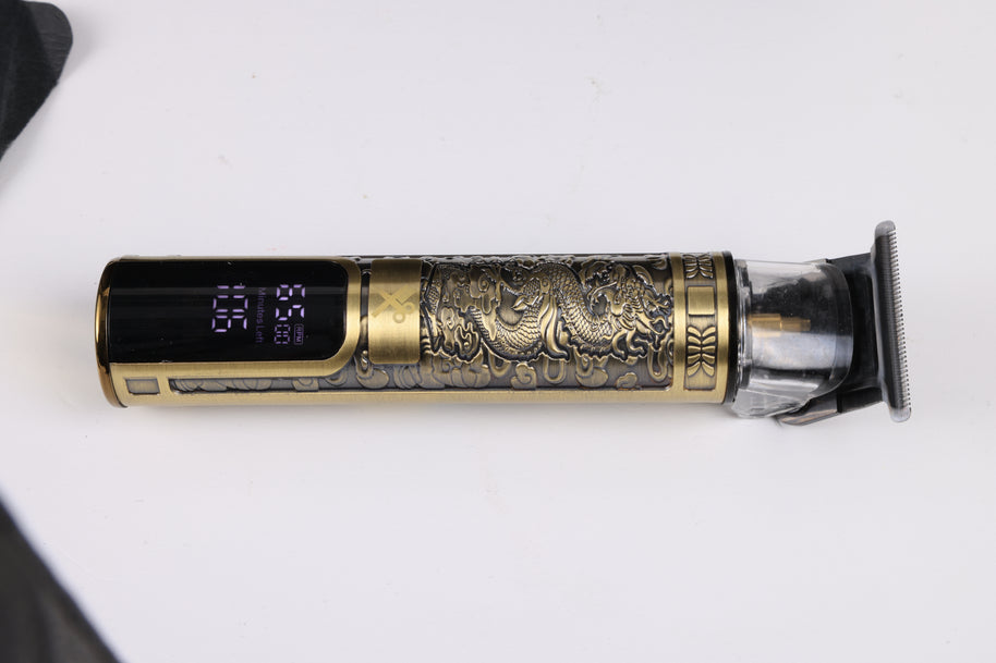 Kyoto Rechargeable LCD Trimmer – Professional Hair & Beard Detailer – 120 Minute Battery – Gold Dragon Embossed Metal Body