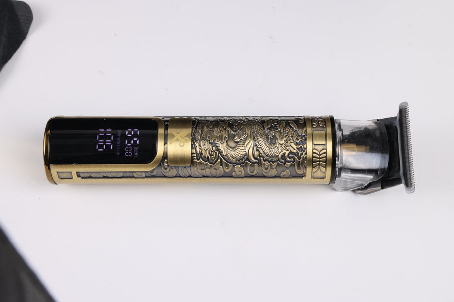 Kyoto Rechargeable LCD Trimmer – Professional Hair & Beard Detailer – 120 Minute Battery – Gold Dragon Embossed Metal Body