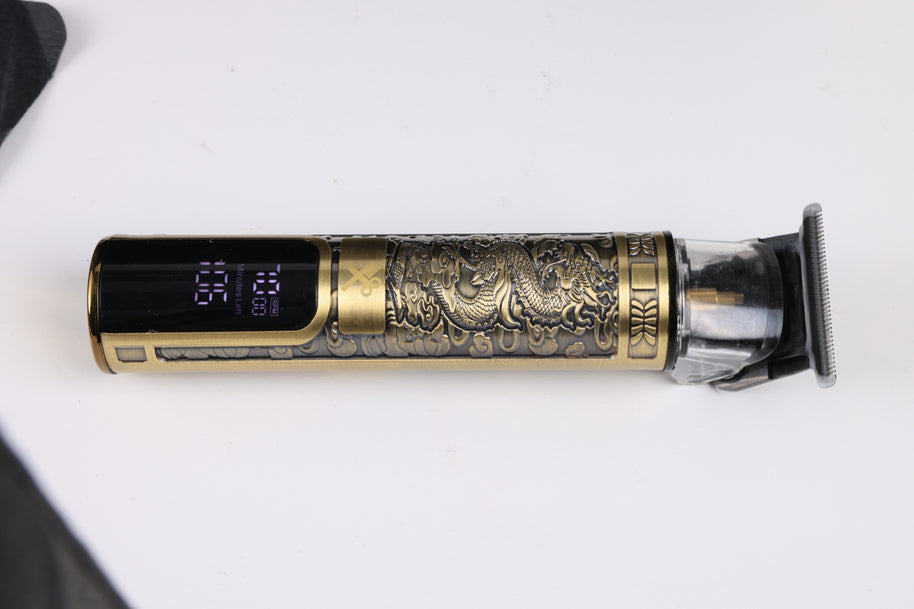 Kyoto Rechargeable LCD Trimmer – Professional Hair & Beard Detailer – 120 Minute Battery – Gold Dragon Embossed Metal Body