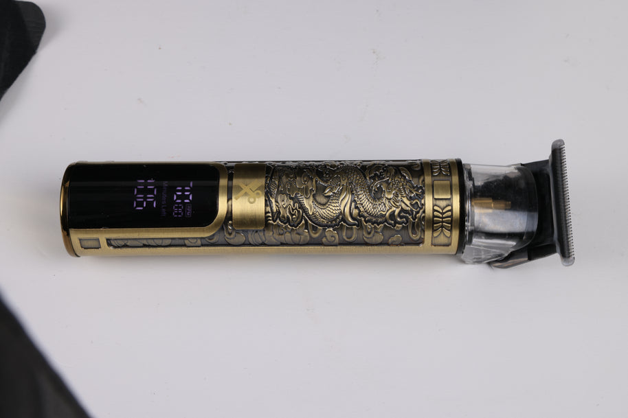 Kyoto Rechargeable LCD Trimmer – Professional Hair & Beard Detailer – 120 Minute Battery – Gold Dragon Embossed Metal Body