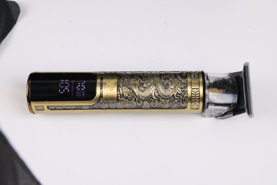 Kyoto Rechargeable LCD Trimmer – Professional Hair & Beard Detailer – 120 Minute Battery – Gold Dragon Embossed Metal Body